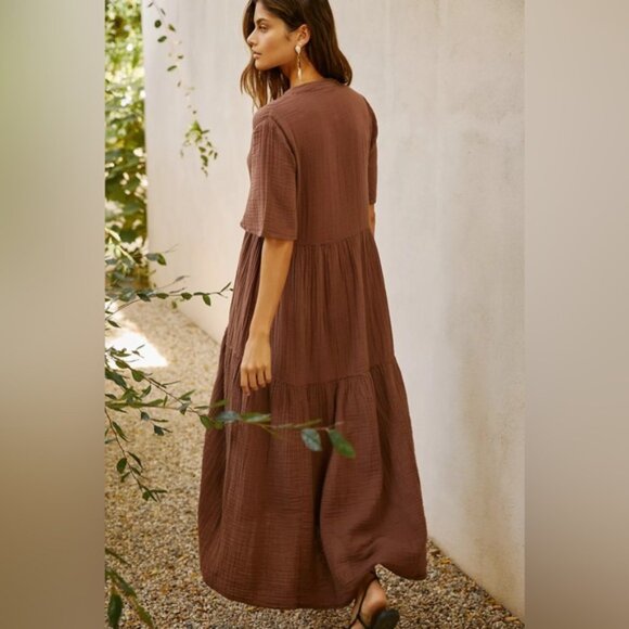 Anthropologie Kallie Flowy Maxi Dress Brown Crinkled Cotton Gauze Empire Waist - Picture 16 of 16